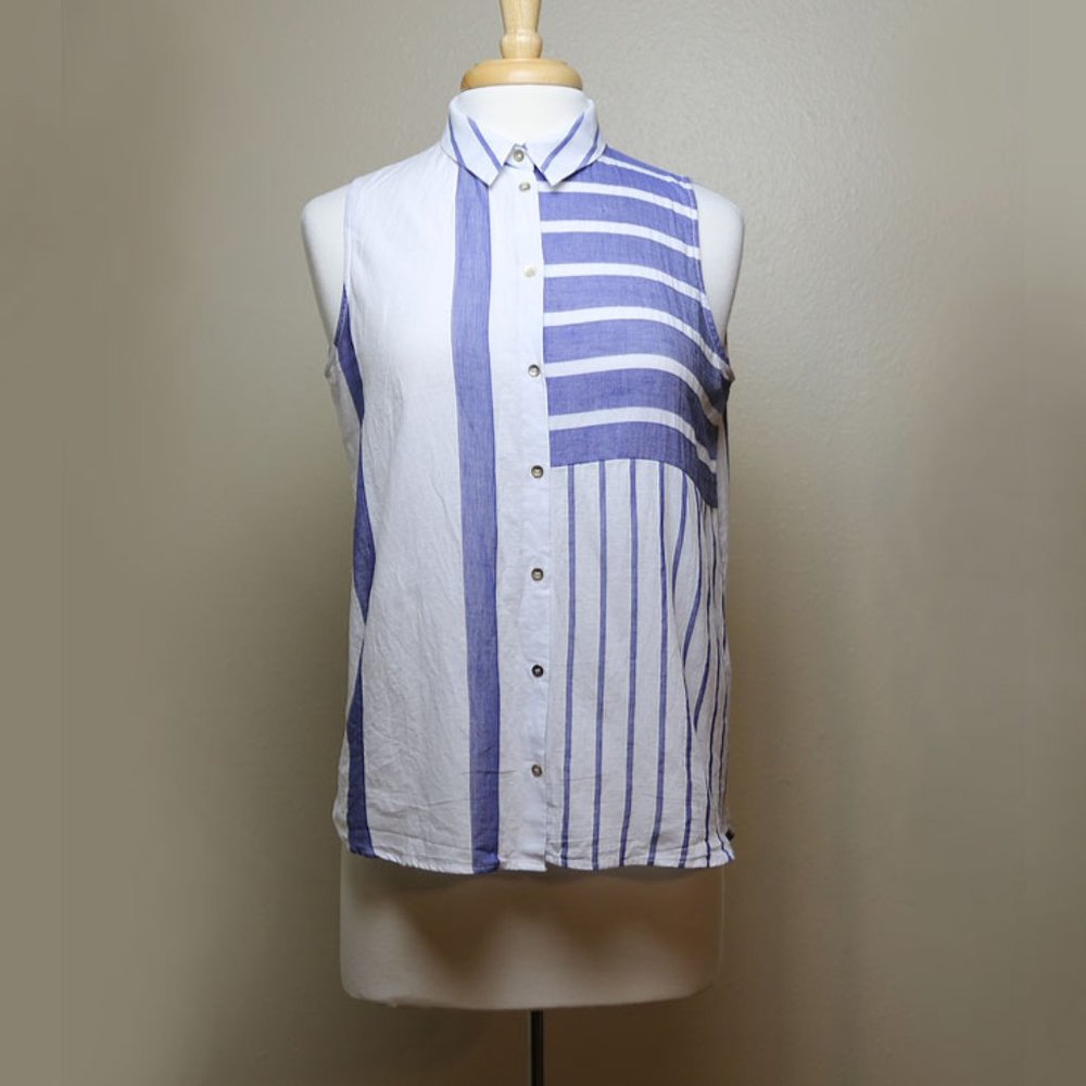 Zara Blue and White Striped Cotton Blouse